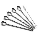 Deconox 5 Parça Karıştırıcı Kaşıklı Paslanmaz Çelik Pipet Seti, 4 Adet Kaşıklı Metal Pipet ve Temizleme Fırçası, Soğuk Kahve, Smoothie, Milkshake, Limonata, Kokteyl ve İçecek Sunumu İçin