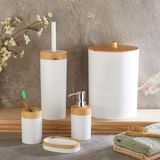 Deconox 5 Parça Lüx Bambu Görünümlü Banyo Seti | 10 Litre Çöp Kovası ve Antibakteriyel Tuvalet Fırçası (BEYAZ)
