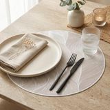 Deconox 6'lı Plastik Amerikan Servis Seti, Yuvarlak 38 cm Beyaz Yaprak Desenli Supla, Yıkanabilir Silinebilir Tabak Altlığı, Yemek Masası Servis Sunum Matı