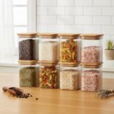 Deconox 6'lı Set 275 ml Bambu Kapaklı Kare Cam Kavanoz - Vakumlu Mini Boy Çekmece İçi Baharatlık ve Şeffaf Saklama Kabı Organizatörü (6x8 cm)