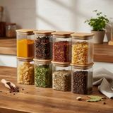 Deconox 6'lı Set 350 ml Bambu Kapaklı Kare Cam Kavanoz - 6x10 cm Vakumlu Orta Boy Şeffaf Erzak Kabı Kahve Çay Baharatlık ve Mutfak Düzenleyici Organizer Saklama Kutusu