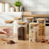 Deconox 6'lı Set 425 ml Bambu Kapaklı Kare Cam Kavanoz - 6x12 cm Vakumlu Uzun Boy Şeffaf Erzak Kabı Kahve Çay Baharatlık ve Mutfak Düzenleyici Organizer Saklama Kutusu