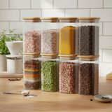 Deconox 6'lı Set 520 ml Bambu Kapaklı Kare Cam Kavanoz - 6x15 cm Vakumlu Ekstra Uzun Boy Şeffaf Erzak Kabı Spagetti Makarna Kahve Bakliyat ve Mutfak Düzenleyici Saklama Kutusu