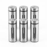 Deconox 6'lı Set Metal Kaplı Cam Baharatlık, 14 cm - Şeffaf Pencereli, Döner Kapaklı, Paslanmaz Çelik Görünümlü Tuzluk ve Baharat Takımı