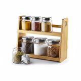 Deconox 8 Parça Borosilikat Cam Baharatlık Seti (700 ml) - Paslanmaz Çelik Kapaklı ve Bambu Kapak Sçenekli 2 Katlı Bambu Standlı Tezgah Üstü Erzak Kabı ve Mutfak Düzenleyici Organizer (Bambu Kapak)