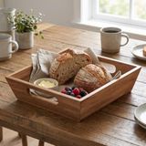 Deconox Akasya Ekmek Sepeti 20 x 20 cm, Kulplu Ahşap Ekmeklik, Kare Kahvaltı ve Sunum Sepeti, Poğaça, Kruvasan, Sandviç, Meyve ve Atıştırmalık Servis Kutusu
