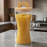 Deconox Bambu Kapaklı Yuvarlak Borosilikat Cam Kavanoz 1200 ml, 10 × 20 cm, Contalı ve Kulplu Kapaklı Şeffaf Kuru Gıda Saklama Kabı