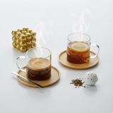 Deconox Bambu Tabaklı 2'li Cam Fincan Seti 150 ml - Yuvarlak/Kare Seçenekli Borosilikat Bitki Çayı ve Double Kahve Fincanı (YUVARLAK TABAKLI)