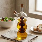 Deconox Borosilikat Cam Yağlık ve Sirkelik 320 ml, Çift Hazneli 2’si 1 Arada Şişe, Mantar Tıpalı Şeffaf Boğumlu Model, Yağ ve Sirkeyi Ayrı Saklama