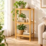 Deconox Dekoratif Ahşap 3’lü Dikdörtgen Çiçek Rafı, Doğal Bambu 3 Katlı Saksılık ve Çok Amaçlı Depolama Ünitesi, 80 x 36,5 x 33 cm