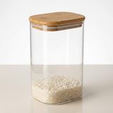Deconox Dikdörtgen Bambu Kapaklı Kavanoz 1300 ml, Şeffaf Kuru Gıda Saklama Kabı, Makarna Pirinç Bakliyat Kahve Kuruyemiş ve Granola İçin Mutfak Düzenleyici Kavanoz, 12 x 8 x 20 cm