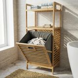 Deconox Doğal Bambu 2 Katlı Banyo Rafı ve Çamaşır Sepeti (40x30x95 cm) - Açık Raflı Ahşap Düzenleyici Kirli Sepeti Dolabı