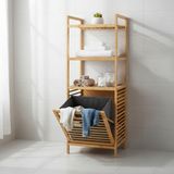 Deconox Doğal Bambu 3 Katlı Banyo Rafı ve Çamaşır Sepeti Havluluklu Ahşap Düzenleyici (40x30x119 cm)