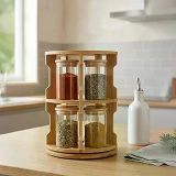 Deconox Doğal Bambu 360° Döner Standlı 10'lu Cam Baharatlık Seti - Büyük Boy (250 ml) Ahşap Kapaklı Baharat Takımı