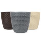 Deconox Hasır Örgü Görünümlü Plastik Saksı Seti 3 Adet, Suluk Altlıklı Büyük Boy Dekoratif İç Mekan Balkon Ofis Saksısı, 18x18x16 cm, Krem Antrasit Kahverengi Karışık Renk