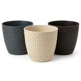 Deconox Hasır Örgü Görünümlü Plastik Saksı Seti 3 Adet, Suluk Altlıklı Dekoratif İç Mekan Saksısı, 11x11x10 cm, Krem Antrasit Kahverengi Karışık Renk