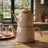 Deconox İçten Kaplamalı Emaye Çaydanlık Takımı - Gold Detaylı Nostaljik Alt Üst Çay Seti (1.2 Litre + 2 Litre) - 3 Renk Seçeneği (BEJ)