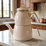 Deconox İçten Kaplamalı Emaye Çaydanlık Takımı - Gold Detaylı Nostaljik Alt Üst Çay Seti (1.2 Litre + 2 Litre) - 3 Renk Seçeneği (KREM)