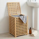Deconox Kare Bambu Çamaşır Sepeti (40x40x56 cm) - İçi Bezli, Kapaklı Doğal Ahşap Kirli Sepeti
