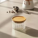 Deconox Linie Slim Bambu Kapaklı Borosilikat Cam Saklama Kabı - Çizgili Vakumlu Baharatlık, Çay Ve Kahve Kavanozu - 200Ml Ve 300Ml Seçenekleri (