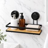 Deconox Metal Bambu Tek Katlı Banyo Rafı 25 x 10 cm, Vakumlu Yapışkanlı Delmeden Duş Rafı, Şampuanlık ve Banyo Düzenleyici