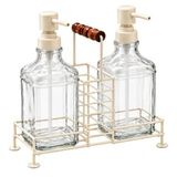 Deconox Metal Standlı 2’li Cam Sıvı Sabunluk Seti, 21 × 8,5 × 24 cm, Pompalı El Sabunu ve Bulaşık Deterjanı Şişeleri, Sünger Bölmeli Lavabo Üstü Düzenleyici, Beyaz