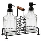 Deconox Metal Standlı 2’li Cam Sıvı Sabunluk Seti, 21 × 8,5 × 24 cm, Pompalı El Sabunu ve Bulaşık Deterjanı Şişeleri, Sünger Bölmeli Lavabo Üstü Düzenleyici, Siyah