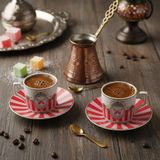 Deconox Özel Kutulu 2'li Porselen Türk Kahvesi Fincan Takımı - Kuş ve Kelebek Desenli Kırmızı/Yeşil Renk Seçenekli Hediyelik Fincan 90 ve 100cc Seçenekli (KIRMIZI, 100CC, KELEBEK)