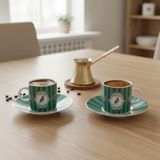 Deconox Özel Kutulu 2'li Porselen Türk Kahvesi Fincan Takımı - Kuş ve Kelebek Desenli Kırmızı/Yeşil Renk Seçenekli Hediyelik Fincan 90 ve 100cc Seçenekli (YEŞİL, 90CC, KUŞ)