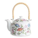 Deconox Porselen Çini Piraye Demlik - Bambu/Hasır Saplı, Ateşe Dayanıklı Nostaljik Bitki Çayı ve Çay Demliği (900 ml - 2 Farklı Desen Seçeneği) (PIRAYE)