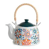 Deconox Porselen Çini Piraye Demlik - Bambu/Hasır Saplı, Ateşe Dayanıklı Nostaljik Bitki Çayı ve Çay Demliği (900 ml - 2 Farklı Desen Seçeneği) (SPRING)