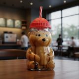 Deconox Sevimli Ayıcık Figürlü Borosilikat Cam Bardak 580 ml - Silikon Kapaklı ve Pipetli Lüx Barista Soğuk İçecek Bardağı (KIRMIZI)