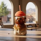 Deconox Sevimli Ayıcık Figürlü Borosilikat Cam Bardak 580 ml - Silikon Kapaklı ve Pipetli Lüx Barista Soğuk İçecek Bardağı (TURUNCU)