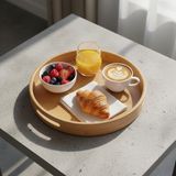 Deconox Taşıma Kulplu Yuvarlak Bambu Tepsi (30 Cm) | Doğal Servis Tepsisi | , Kahvaltı Dekoratif Masaüstü Or - Standart