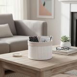 Deconox Yuvarlak Bambu Düzenleyici ve Saklama Sepeti – Beyaz Ahşap Çıtalı Banyo, Makyaj ve Ofis Organizeri, Kumaş Astarlı Çok Amaçlı Dekoratif Kutu (18x13 cm)