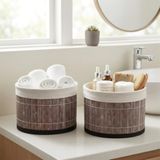 Deconox Yuvarlak Bambu Düzenleyici ve Saklama Sepeti – Çok Amaçlı Banyo, Makyaj ve Ofis Organizeri, Kumaş Astarlı Dekoratif Silindir Kutu (18x13 cm, Gri) (2 ADET)