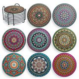 Decopom Mandala bardak altlığı tutuculu - 8 set seramik bohem bardak altlığı içecekler için emici mantar tabanı ve siyah tutucu ile - Sehpa Apartmanı için bardak altlıkları ahşap bar kupalar bardak bardak