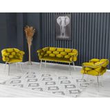 Decoraks Balon Çay Seti Takımı Gri Koltuk Takımı Oturma Odası Kafe Antre Hol Ofis 2+1+1 Krom Metal - Hardal