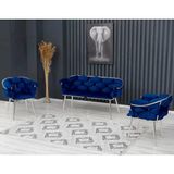 Decoraks Balon Çay Seti Takımı Gri Koltuk Takımı Oturma Odası Kafe Antre Hol Ofis 2+1+1 Krom Metal - Lacivert