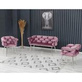 Decoraks Balon Çay Seti Takımı Gri Koltuk Takımı Oturma Odası Kafe Antre Hol Ofis 2+1+1 Krom Metal - Pudra Pembe