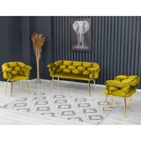 Decoraks Balon Çay Seti Takımı Koltuk Takımı Oturma Odası Kafe Antre Hol Ofis 2+1+1 Gold Metal - Hardal