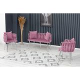 Decoraks Sarmaşık Çay Seti Takımı Siyah Koltuk Takımı Oturma Odası Kafe Antre Hol Ofis 2+1+1 Krom Metal - Pudra Pembe