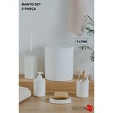 decorev 5 Parça Modern Çizgili Banyo Seti – Sabunluk, Sıvı Sabunluk, Diş Fırçalık, Tuvalet Fırçası ve Çöp Ko