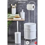 Decorev 6 Parça Metal Standlı Banyo Seti – 7 Litre Çöp Kovası, Tuvalet Kağıtlığı, Sabunluk, Fırçalık Ve Sıvı Sabunluk Dc-6762