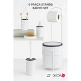 Decorev 6 Parça Standlı Banyo Seti – 7 Litre Çöp Kovası, Tuvalet Kağıtlığı, Sabunluk, Fırçalık Banyo Takımı - Beyaz - Antrasit