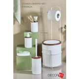 decorev 6'lı Banyo Seti Metal Standlı Beyaz Ahşap Desenli Tuvalet Wc Kağıtlık Seti