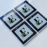 DECORITA 4'lü Takım | Harfli Tasarım Cam Bardak Altlığı | 10cm X 10cm | (E HARFİ)