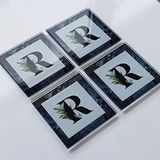 DECORITA 4'lü Takım | Harfli Tasarım Cam Bardak Altlığı | 10cm X 10cm | (R HARFİ)
