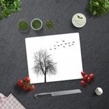 Decorita Ağaç ve Kuş Desenli | Cam Kesme Tahtası - Cam Kesme Tablası | - 29 x 34 cm