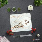Decorita Bon Appetit | Gold Detaylı Beyaz Mermer | Cam Kesme Tahtası - Cam Kesme Tablası| 29cm x 34cm